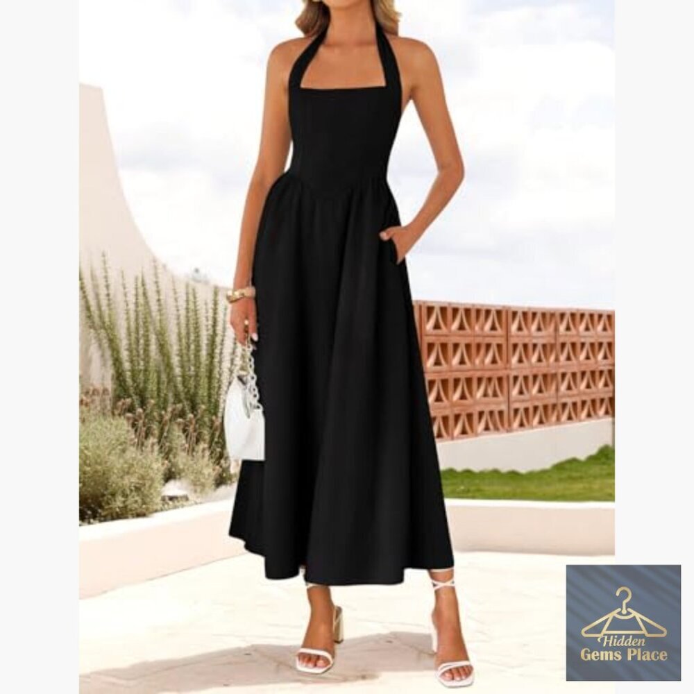 Sleeveless Halter Midi Dress High Waist Backless Off Shoulder Summer Beach - Picture 2 of 7